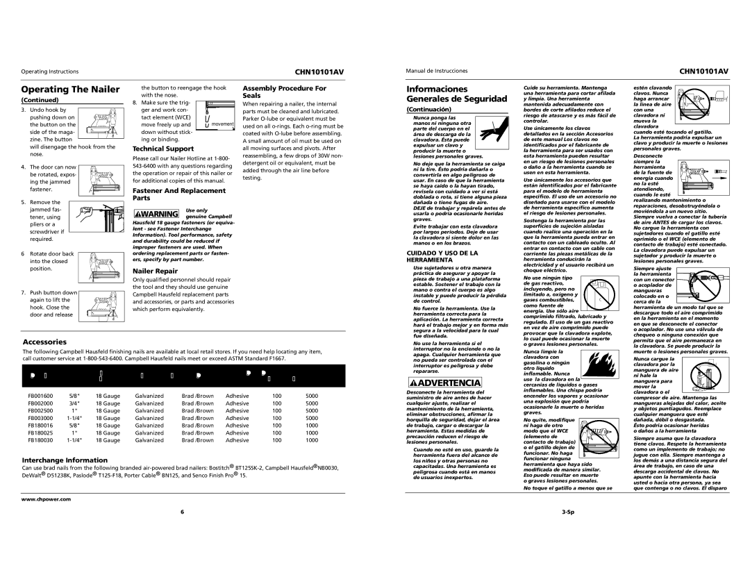 Campbell Hausfeld CHN10101AV specifications Technical Support, Fastener And Replacement Parts, Nailer Repair, Accessories 