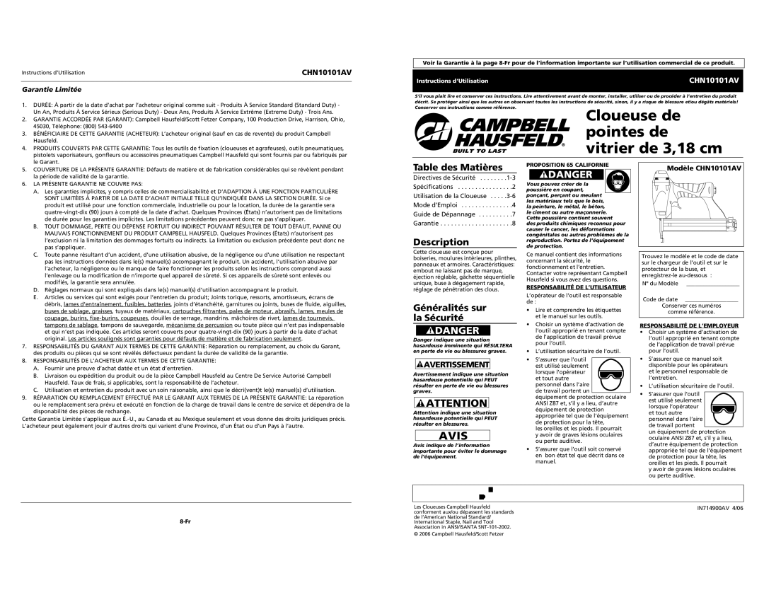 Campbell Hausfeld specifications Table des Matières, Généralités sur la Sécurité, Garantie Limitée, Modèle CHN10101AV 