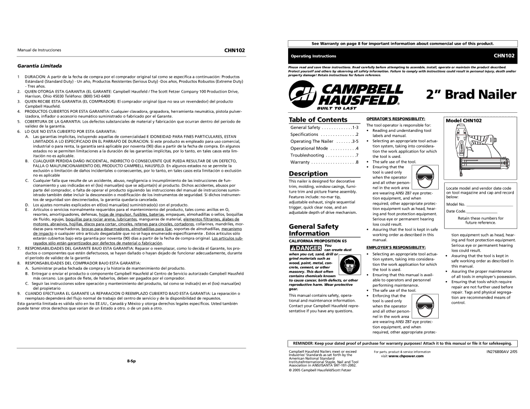 Campbell Hausfeld CHN102 specifications Table of Contents, Description, General Safety Information 