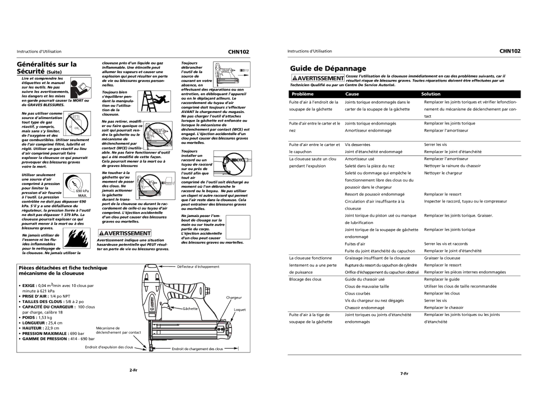 Campbell Hausfeld CHN102 specifications Guide de Dépannage, Généralités sur la Sécurité Suite, Problème Cause Solution 