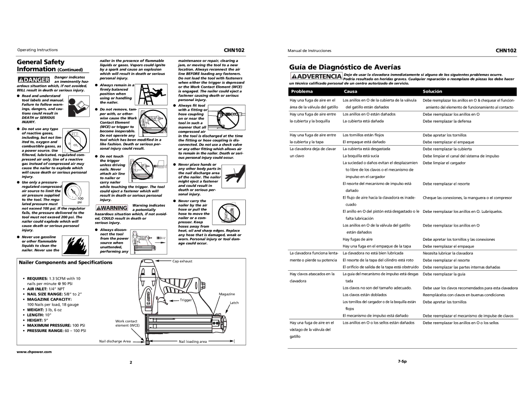 Campbell Hausfeld CHN102 Guía de Diagnóstico de Averías, Nailer Components and Specifications, Problema Causa Solución 