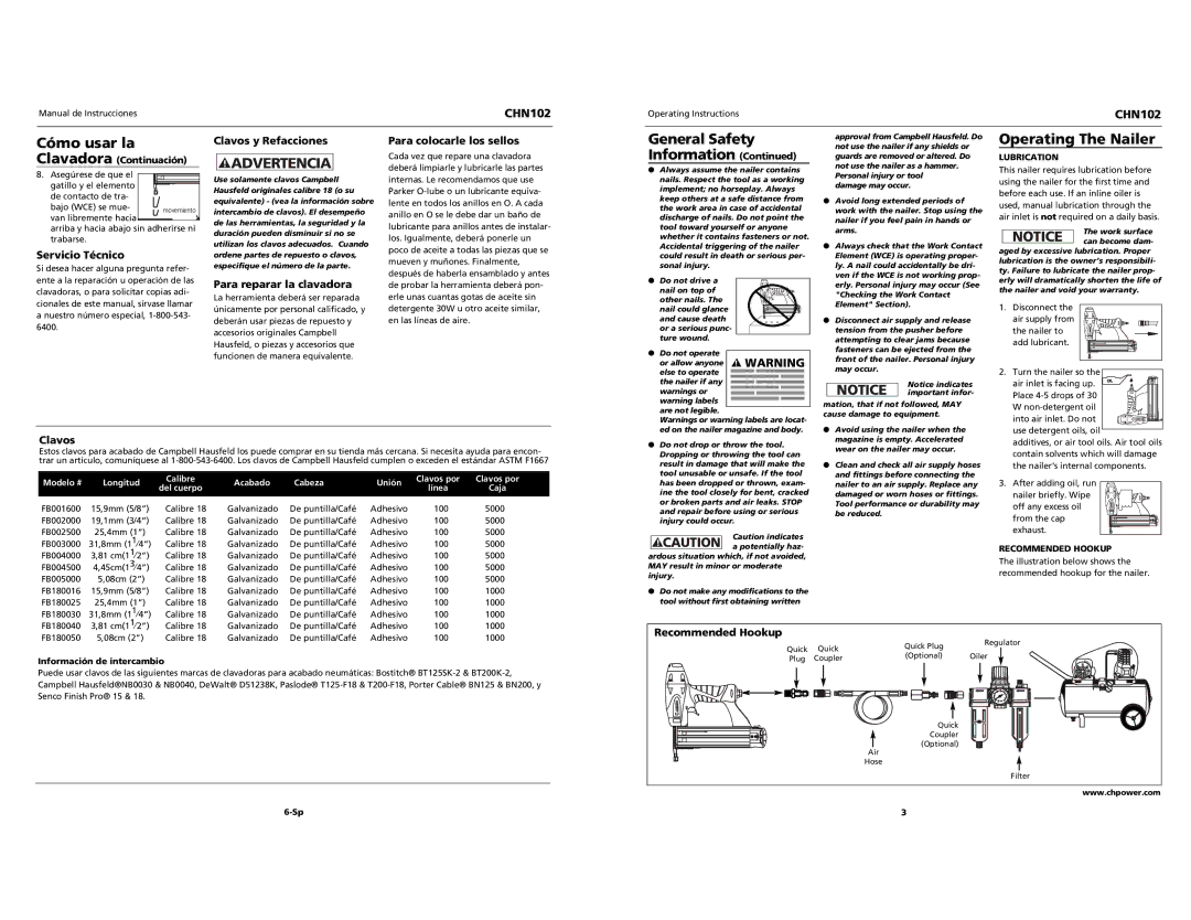 Campbell Hausfeld CHN102 specifications Cómo usar la, Operating The Nailer 