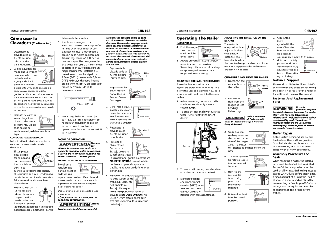 Campbell Hausfeld CHN102 Advertencia Siemprecer, Technical Support, Fastener And Replacement Parts, Nailer Repair 