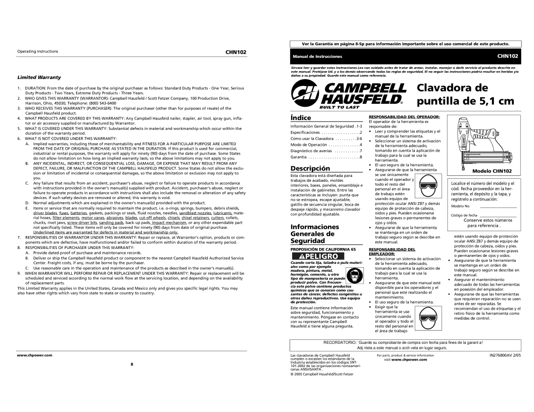 Campbell Hausfeld Índice, Descripción, Informaciones Generales de Seguridad, Limited Warranty, Modelo CHN102 