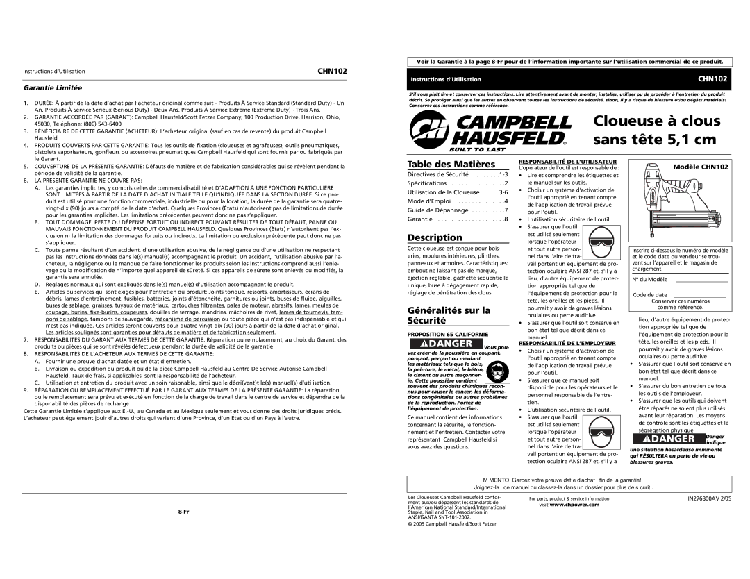 Campbell Hausfeld specifications Table des Matières, Généralités sur la Sécurité, Garantie Limitée, Modèle CHN102 