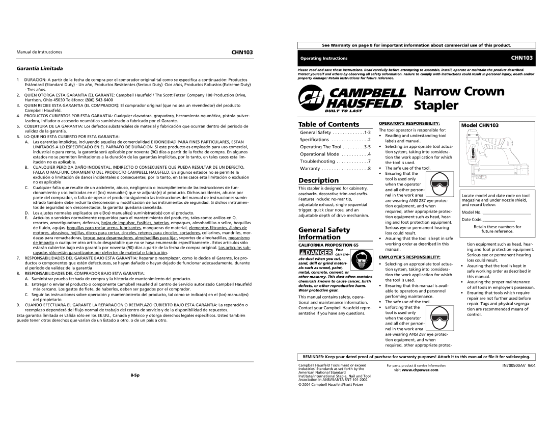 Campbell Hausfeld CHN103 specifications Table of Contents, Description, General Safety Information, Garantía Limitada 