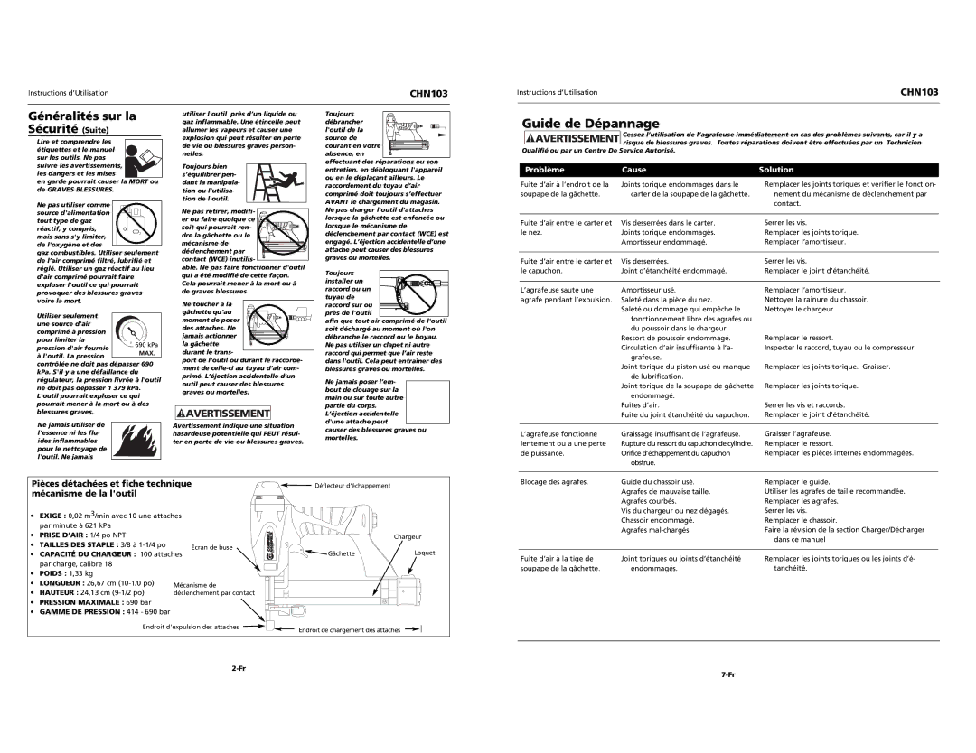 Campbell Hausfeld CHN103 specifications Guide de Dépannage, Généralités sur la Sécurité Suite, Problème Cause Solution 