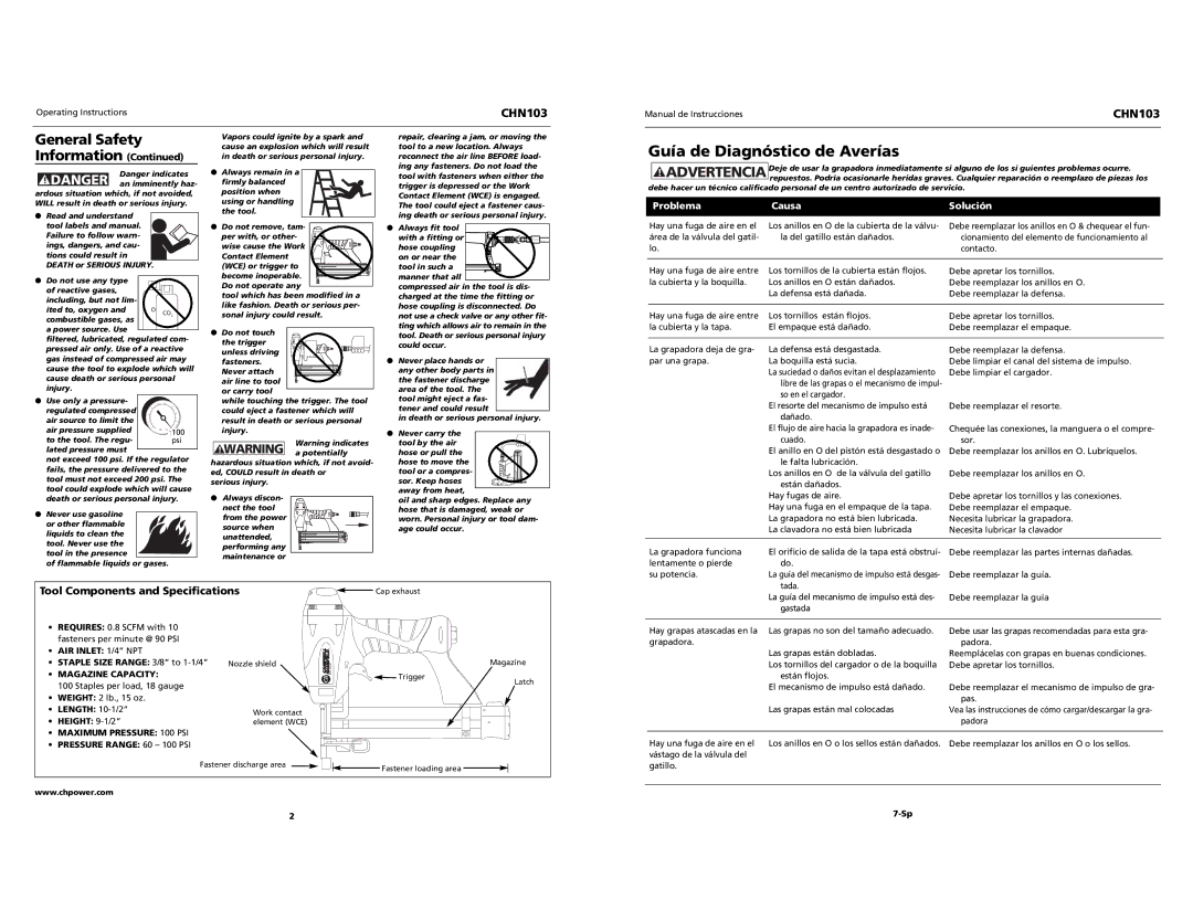 Campbell Hausfeld CHN103 Guía de Diagnóstico de Averías, Tool Components and Specifications, Problema Causa Solución 