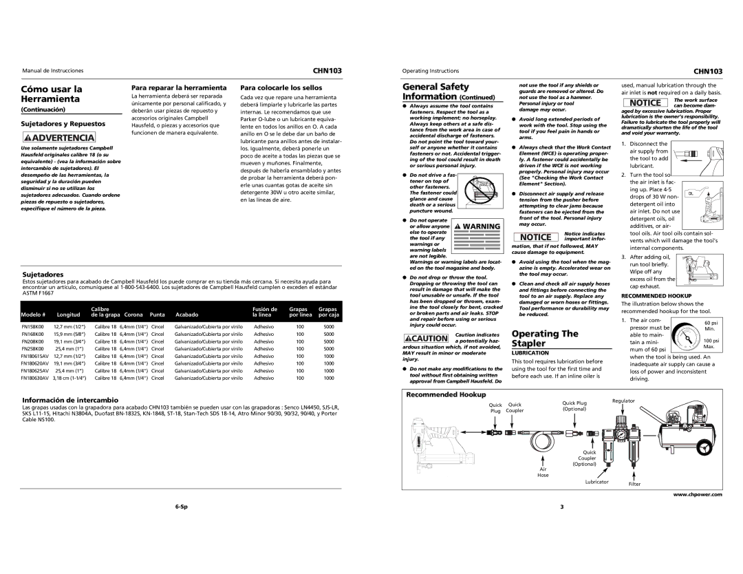 Campbell Hausfeld CHN103 specifications Cómo usar la Herramienta, Operating Stapler 