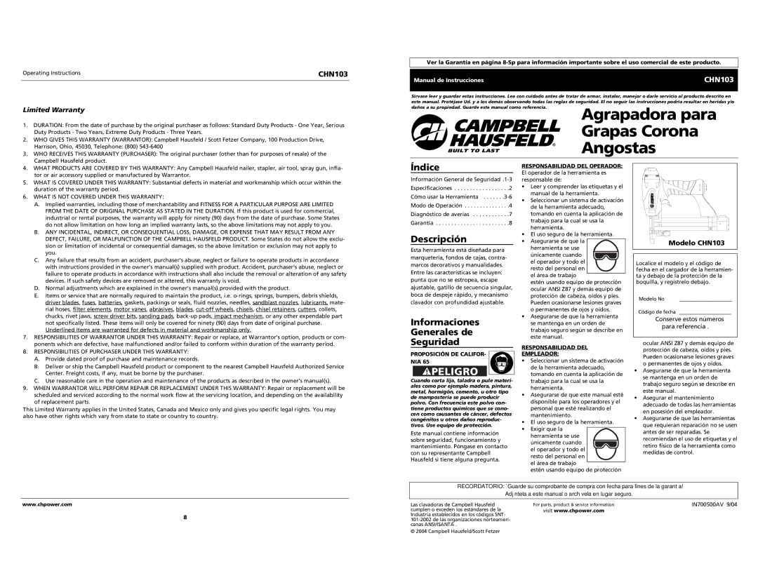 Campbell Hausfeld Índice, Descripción, Informaciones Generales de Seguridad, Limited Warranty, Modelo CHN103 