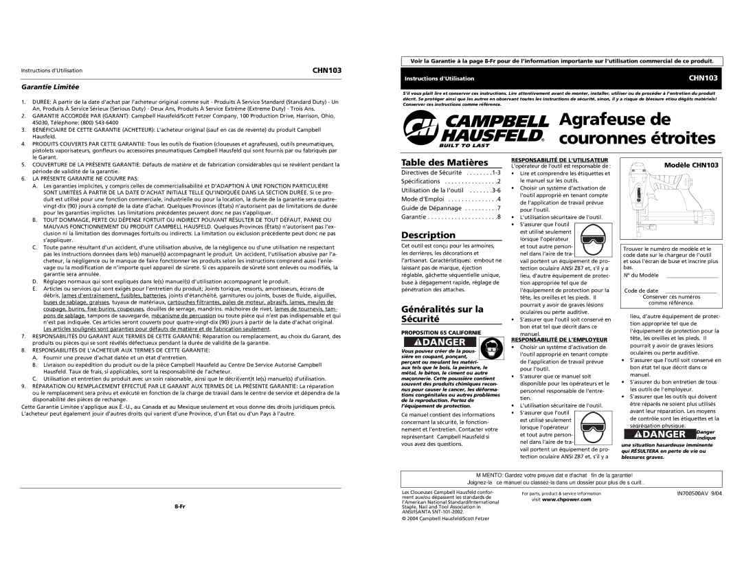 Campbell Hausfeld specifications Table des Matières, Généralités sur la Sécurité, Garantie Limitée, Modèle CHN103 