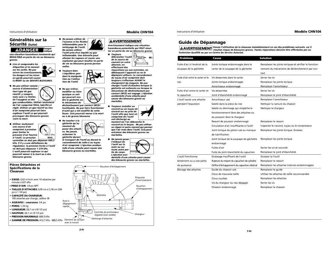 Campbell Hausfeld CHN104 specifications Guide de Dépannage, Généralités sur la Sécurité Suite, Pièces Détachées et 