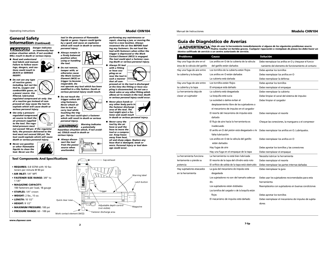 Campbell Hausfeld CHN104 Guía de Diagnóstico de Averías, Tool Components And Specifications, Problema Causa Solución 