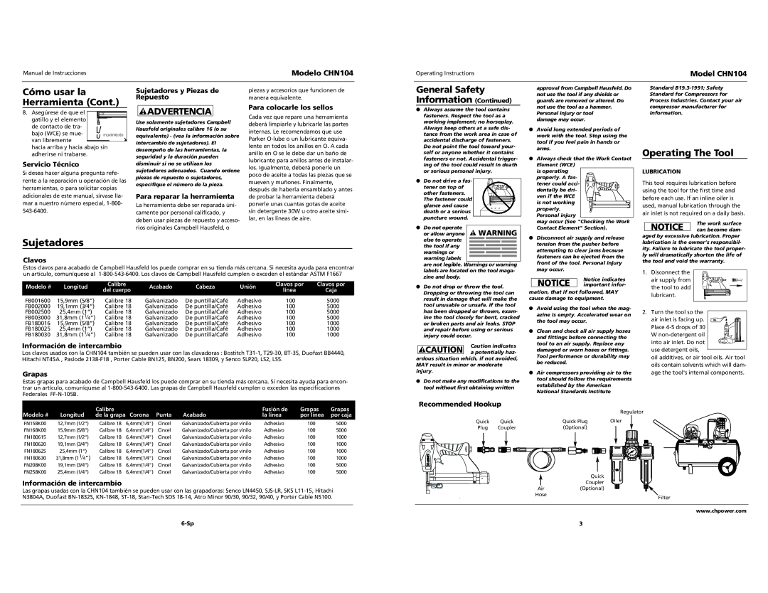 Campbell Hausfeld CHN104 specifications Sujetadores, Cómo usar la Herramienta, Operating The Tool 