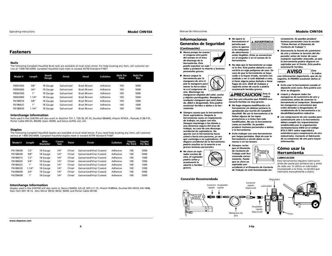 Campbell Hausfeld CHN104 specifications Fasteners, Nails, Interchange Information, Staples, Conexión Recomendada 