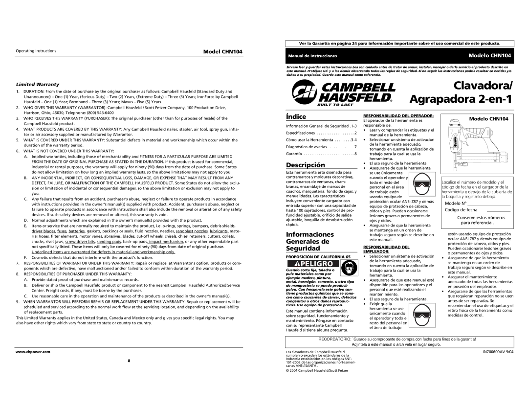 Campbell Hausfeld Índice, Descripción, Informaciones Generales de Seguridad, Limited Warranty, Modelo CHN104 