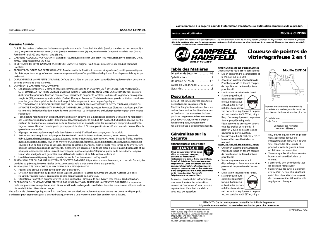 Campbell Hausfeld specifications Table des Matières, Généralités sur la Sécurité, Modèle CHN104, Garantie Limitée 