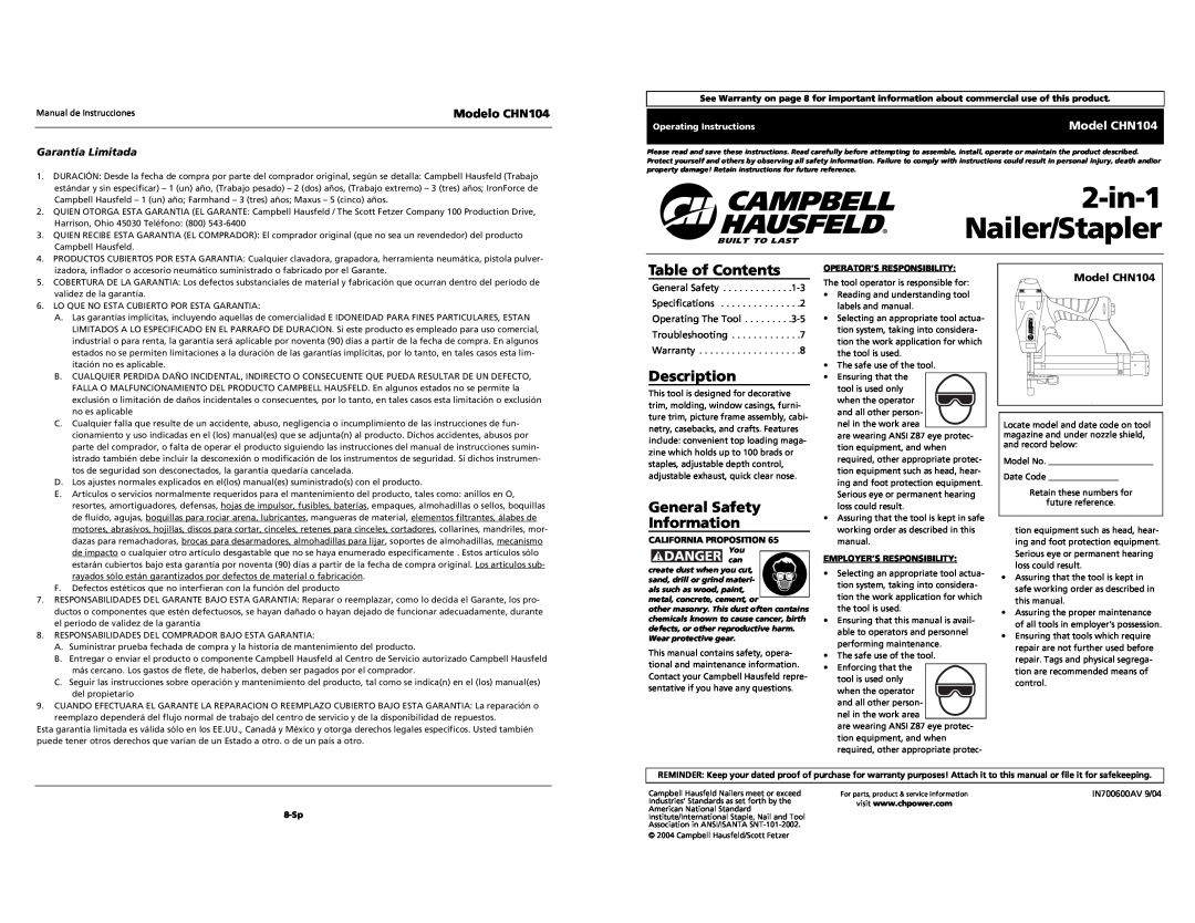 Campbell Hausfeld CHN104 specifications Table of Contents, Description, General Safety Information, Garantía Limitada 