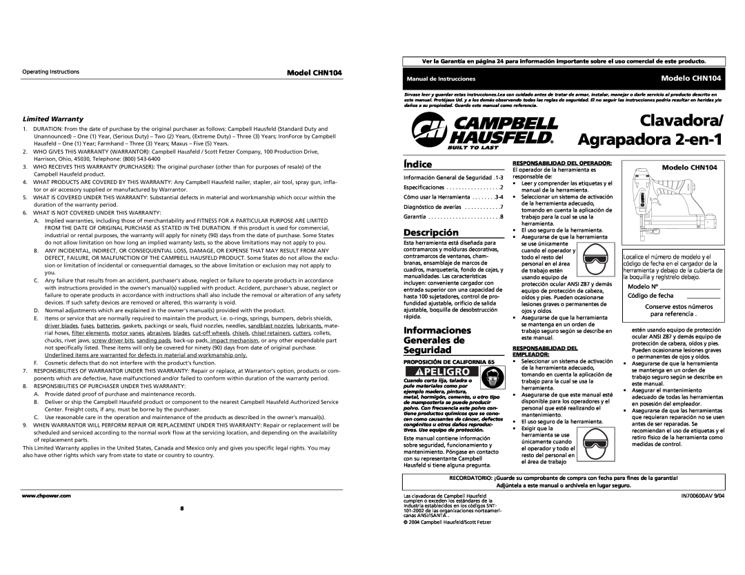 Campbell Hausfeld Índice, Descripción, Informaciones Generales de Seguridad, Limited Warranty, Modelo CHN104, Peligro 