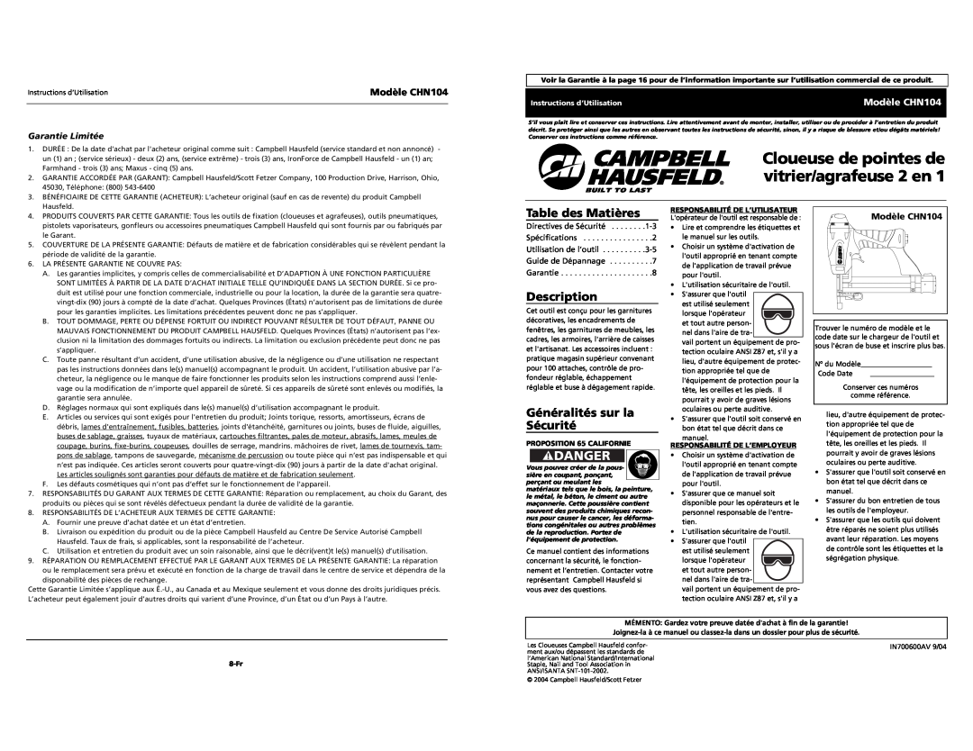 Campbell Hausfeld Danger, Table des Matières, Généralités sur la Sécurité, Garantie Limitée, Modèle CHN104, Description 