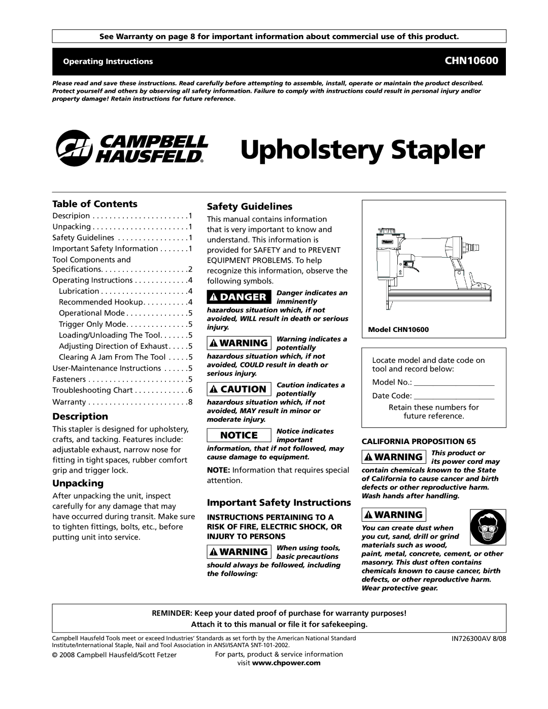 Campbell Hausfeld CHN10600 specifications Table of Contents, Description, Unpacking, Safety Guidelines 