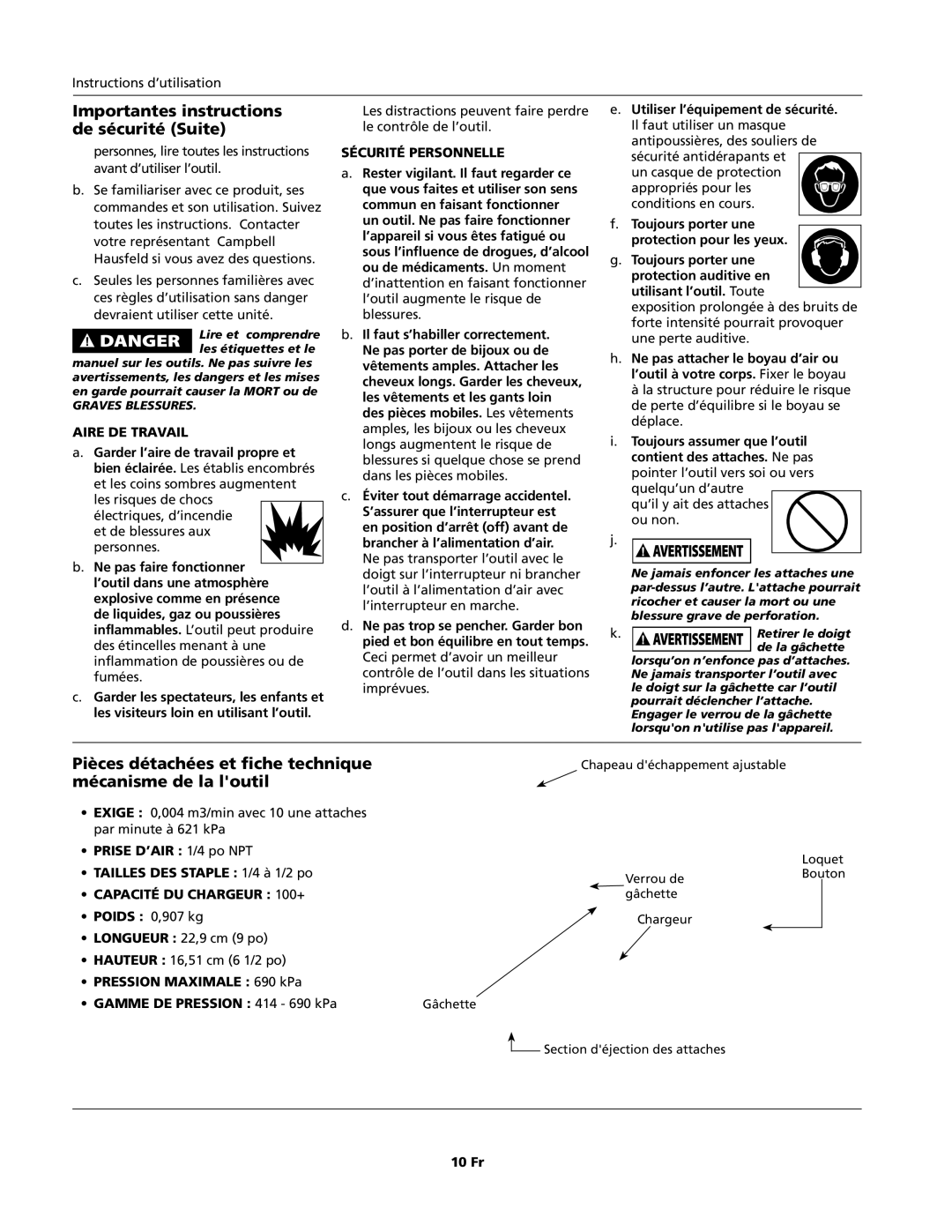 Campbell Hausfeld CHN10600 specifications Importantes instructions, De sécurité Suite 