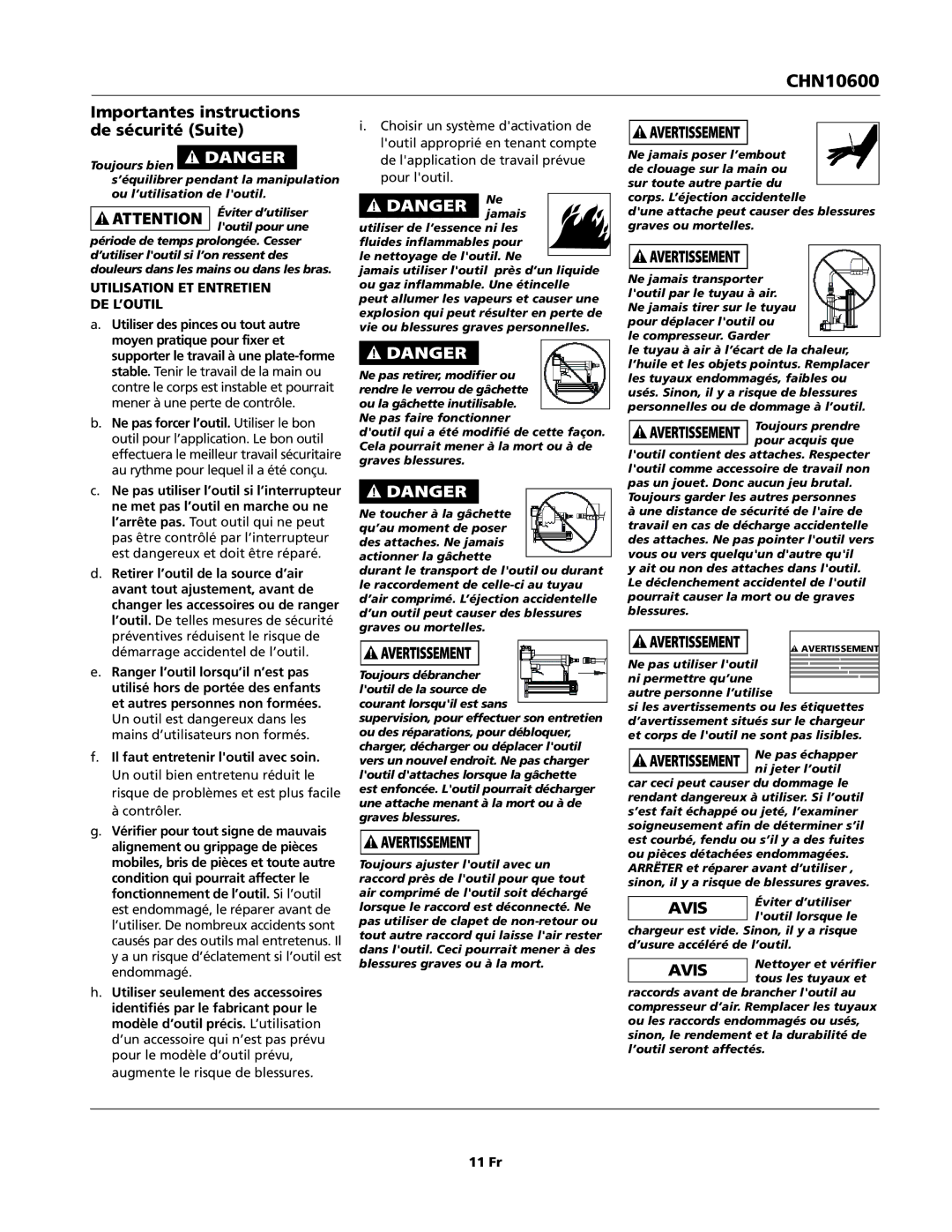 Campbell Hausfeld CHN10600 Importantes instructions de sécurité Suite, Utilisation ET Entretien DE L’OUTIL, 11 Fr 