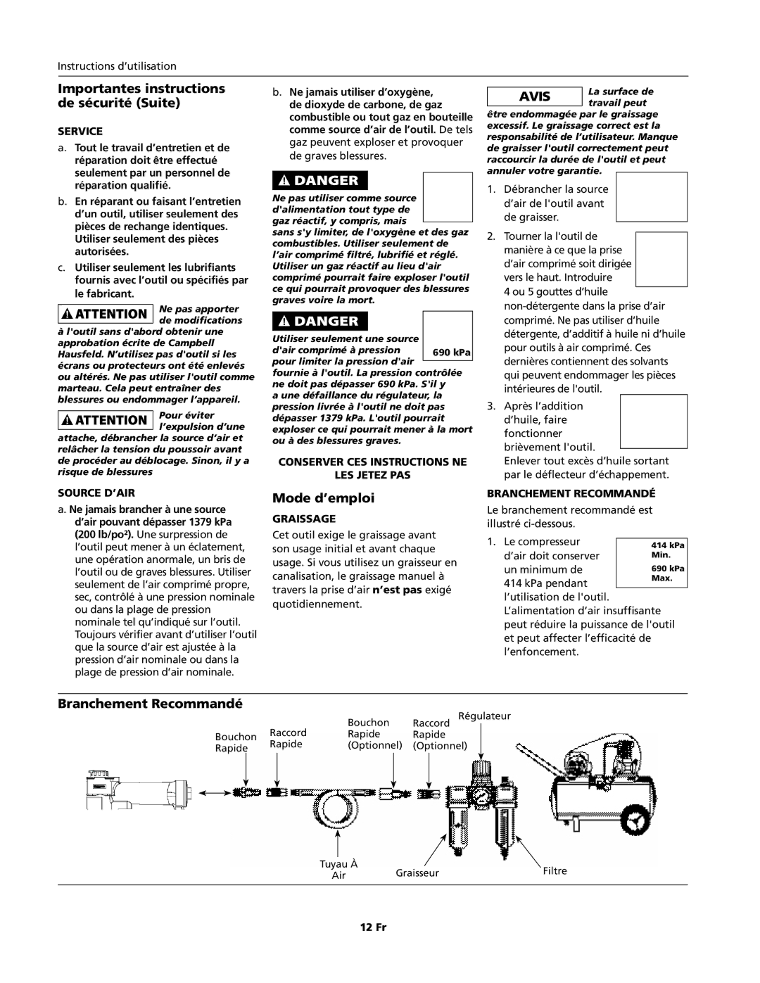 Campbell Hausfeld CHN10600 specifications Mode d’emploi, Branchement Recommandé, Source D’AIR, Graissage 