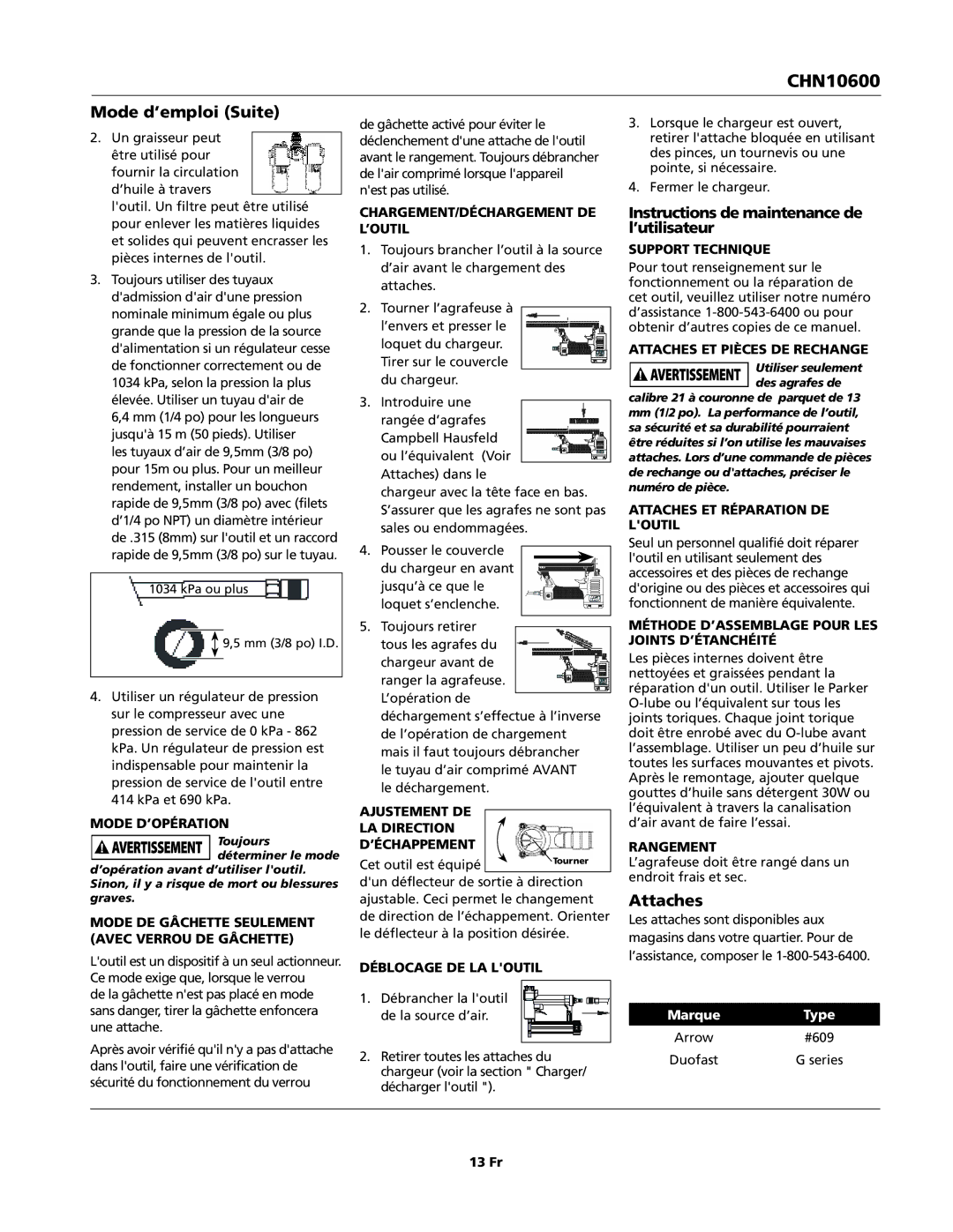 Campbell Hausfeld CHN10600 specifications Mode d’emploi Suite, Attaches 