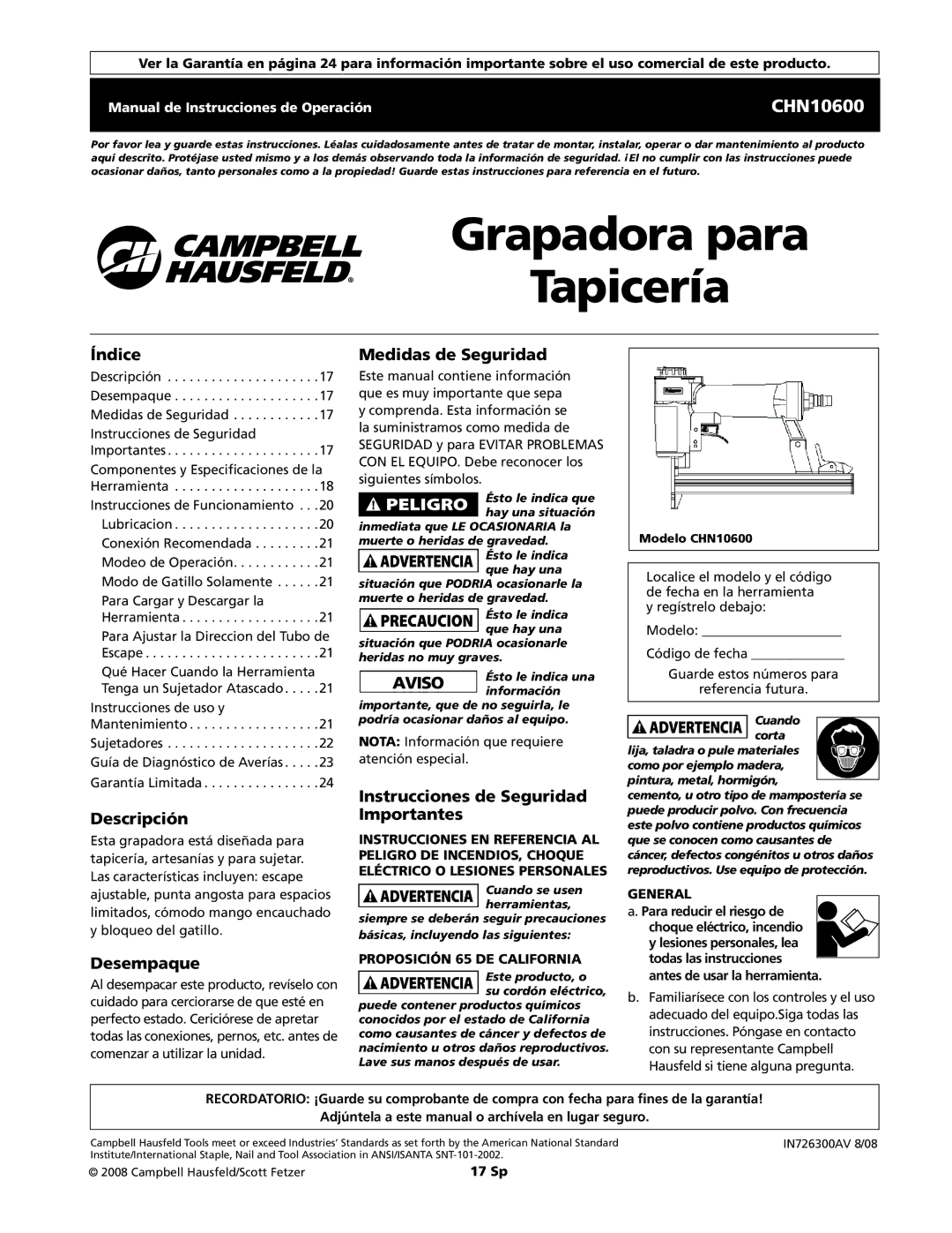 Campbell Hausfeld CHN10600 Índice, Descripción, Desempaque, Medidas de Seguridad, Instrucciones de Seguridad Importantes 