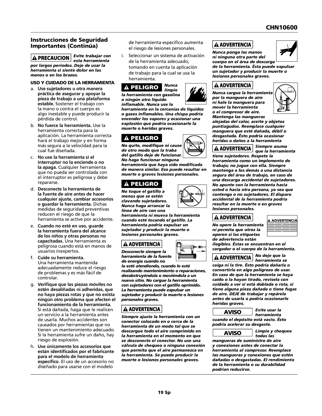 Campbell Hausfeld CHN10600 Instrucciones de Seguridad Importantes Continúa, USO Y Cuidado DE LA Herramienta, 19 Sp 