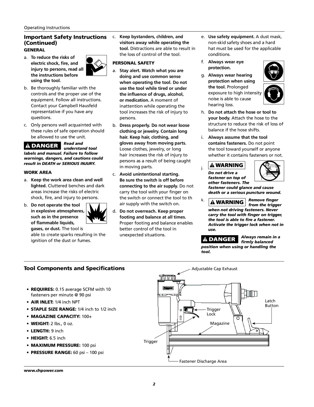 Campbell Hausfeld CHN10600 Tool Components and Specifications, General, Personal Safety, Work Area, Magazine Capacity 100+ 