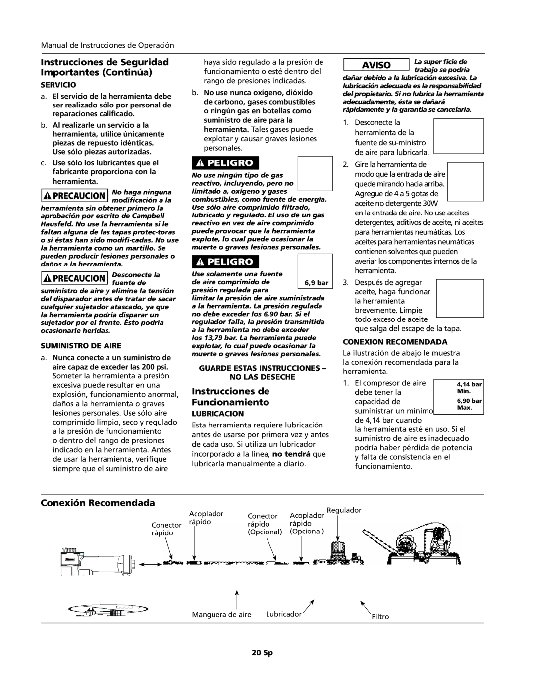 Campbell Hausfeld CHN10600 specifications Instrucciones de, Funcionamiento, Conexión Recomendada 