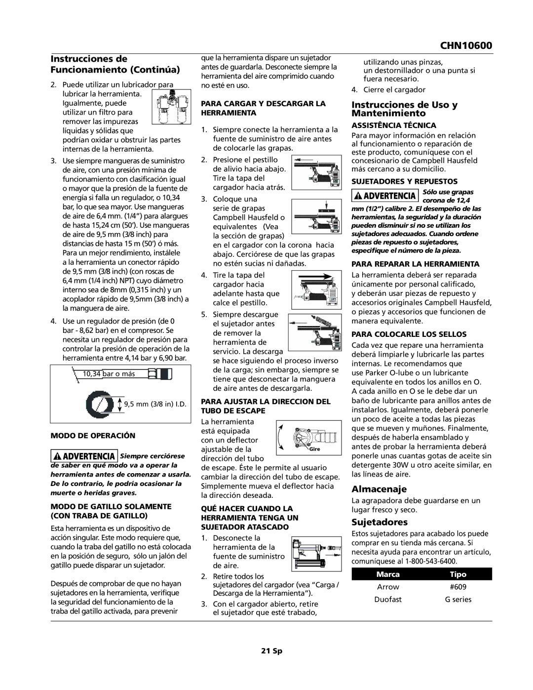 Campbell Hausfeld CHN10600 Instrucciones de Funcionamiento Continúa, Instrucciones de Uso y Mantenimiento, Almacenaje 