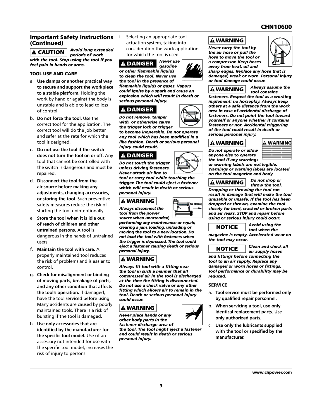 Campbell Hausfeld CHN10600 specifications Tool USE and Care, Service 