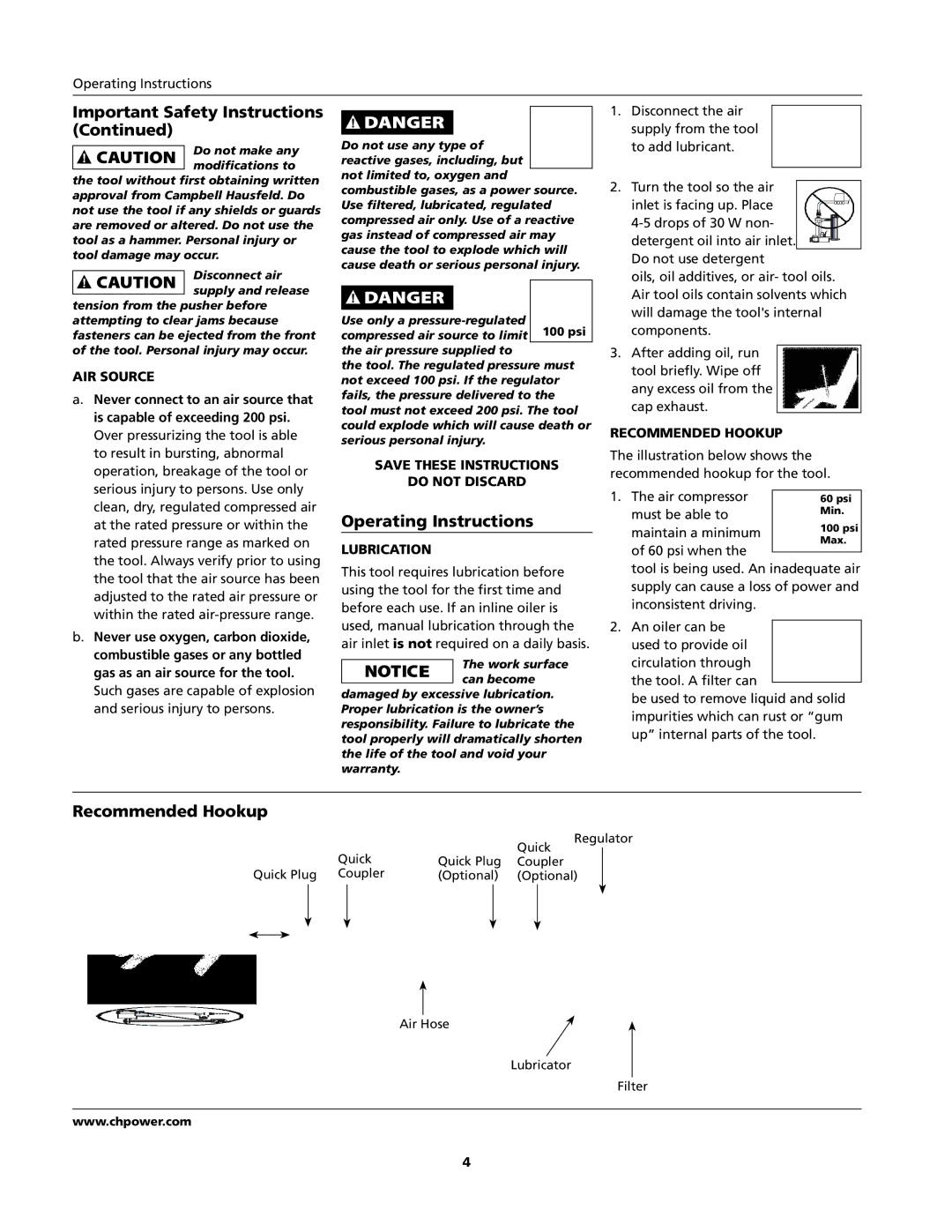 Campbell Hausfeld CHN10600 specifications Operating Instructions, Recommended Hookup 