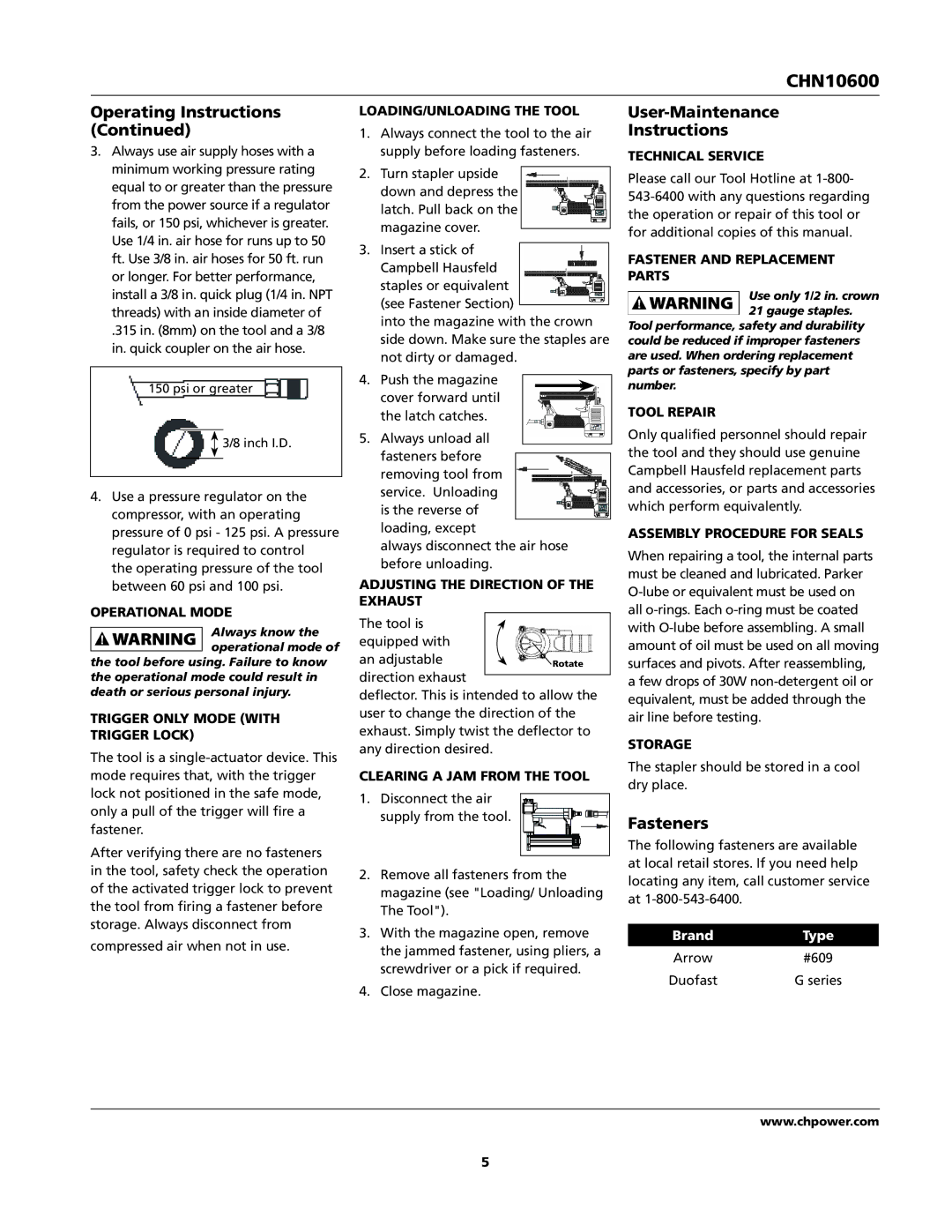 Campbell Hausfeld CHN10600 specifications User-Maintenance Instructions, Fasteners 