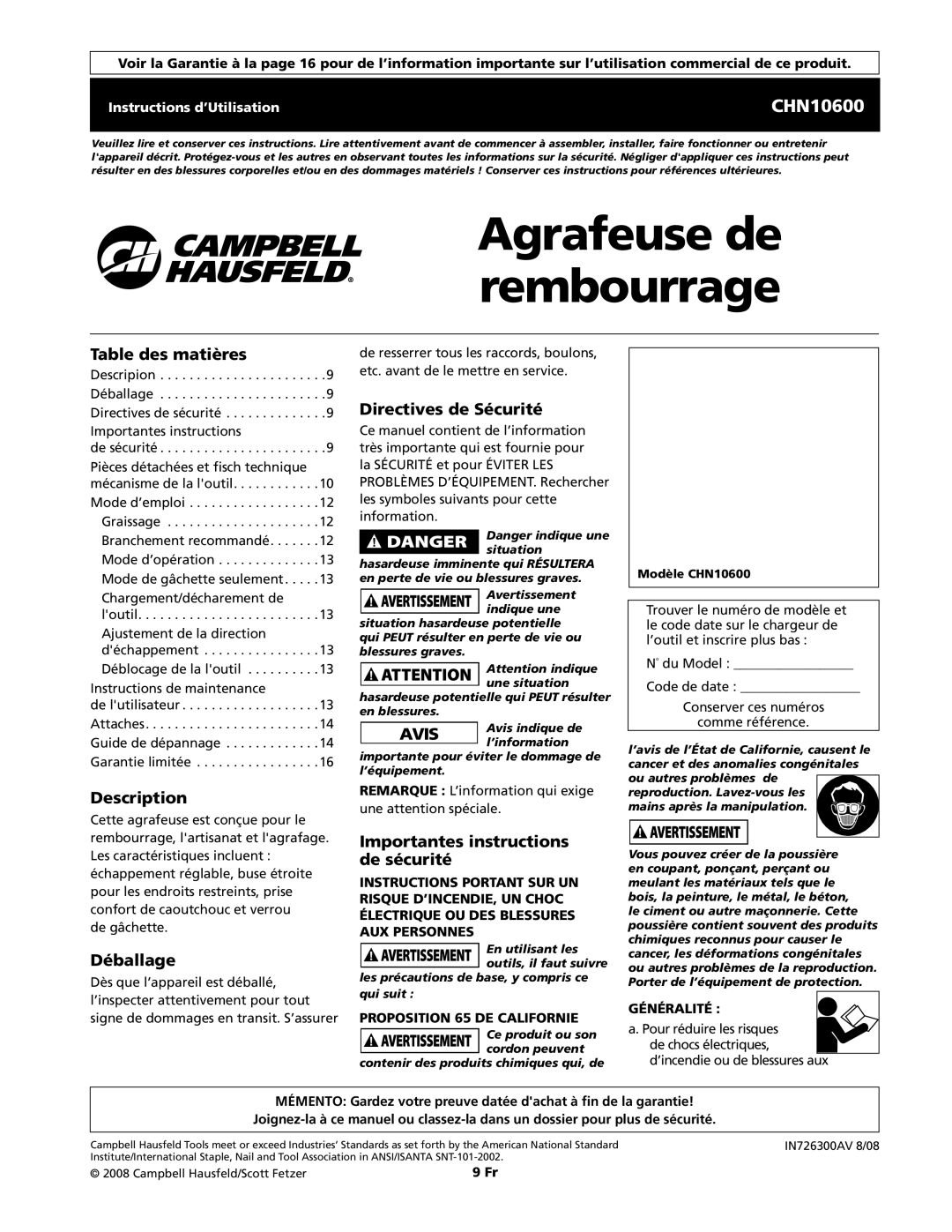 Campbell Hausfeld CHN10600 Table des matières, Déballage, Directives de Sécurité, Importantes instructions de sécurité 