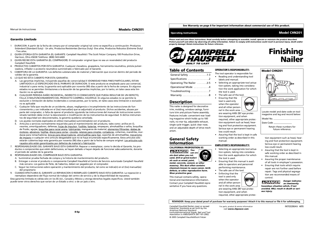 Campbell Hausfeld CHN201 specifications Finishing Nailer, Table of Contents, Description, General Safety Information 