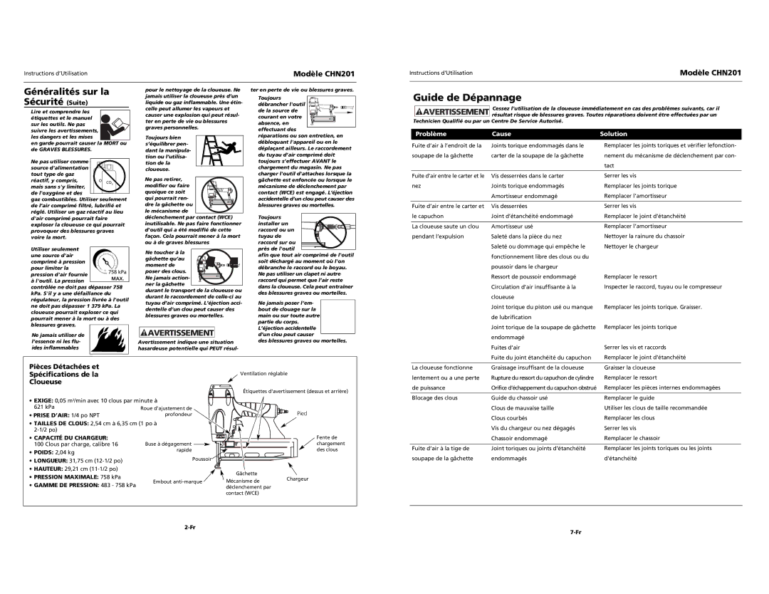 Campbell Hausfeld CHN201 specifications Guide de Dépannage, Généralités sur la Sécurité Suite, Problème Cause Solution 