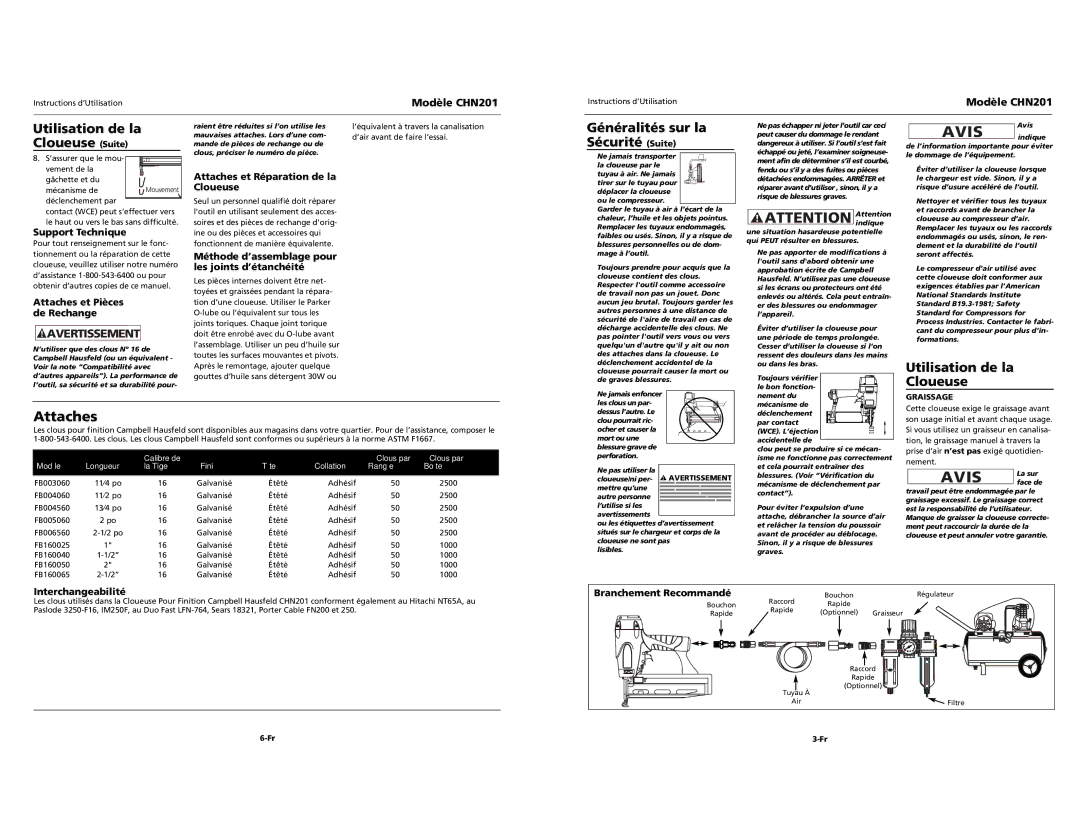 Campbell Hausfeld CHN201 specifications Attaches, Utilisation de la Cloueuse Suite 