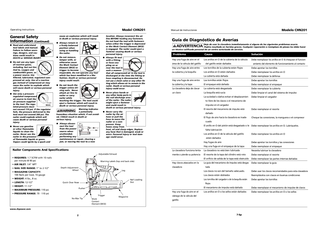 Campbell Hausfeld CHN201 Guía de Diagnóstico de Averías, Nailer Components And Specifications, Problema Causa Solución 