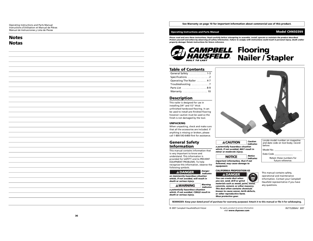 Campbell Hausfeld CHN50399 operating instructions Table of Contents, Description, General Safety Information 