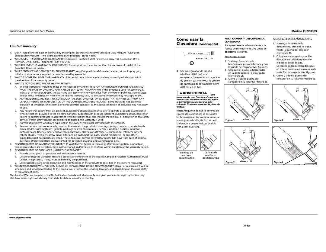 Campbell Hausfeld CHN50399 operating instructions Limited Warranty, Para Cargar Y Descargar LA Clavadora 