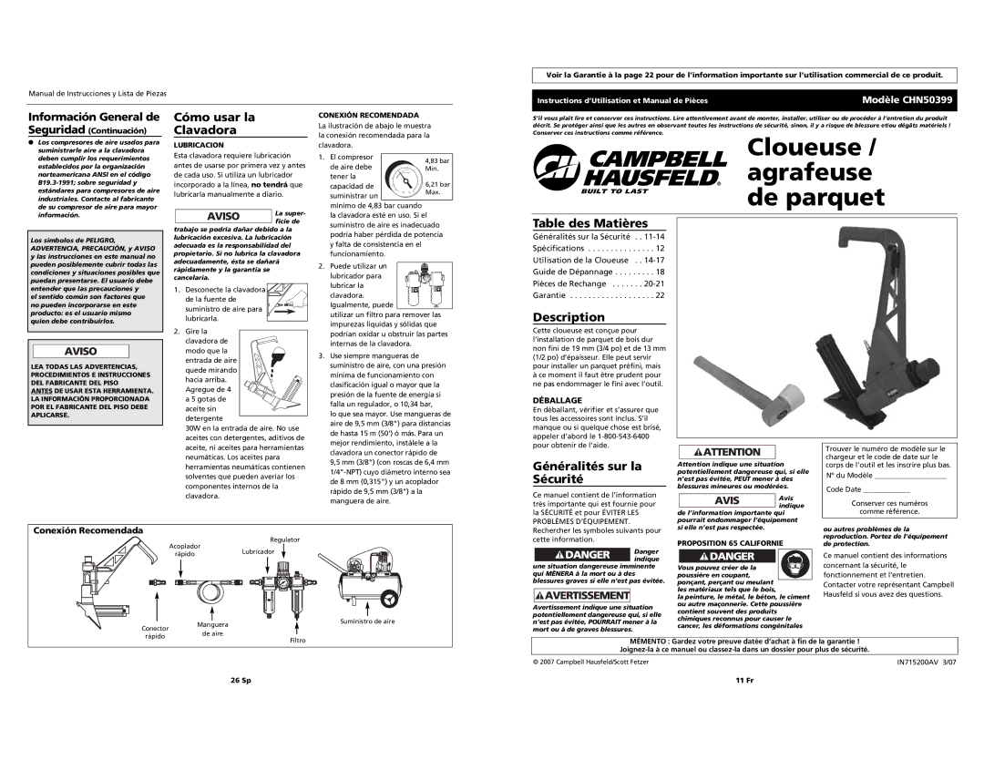 Campbell Hausfeld CHN50399 Cómo usar la Clavadora, Table des Matières, Généralités sur la Sécurité, Conexión Recomendada 