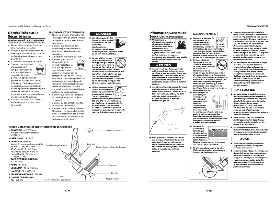 Campbell Hausfeld CHN50399 Généralités sur la Sécurité Suite, Pièces Détachées et Spécifications de la Cloueuse 