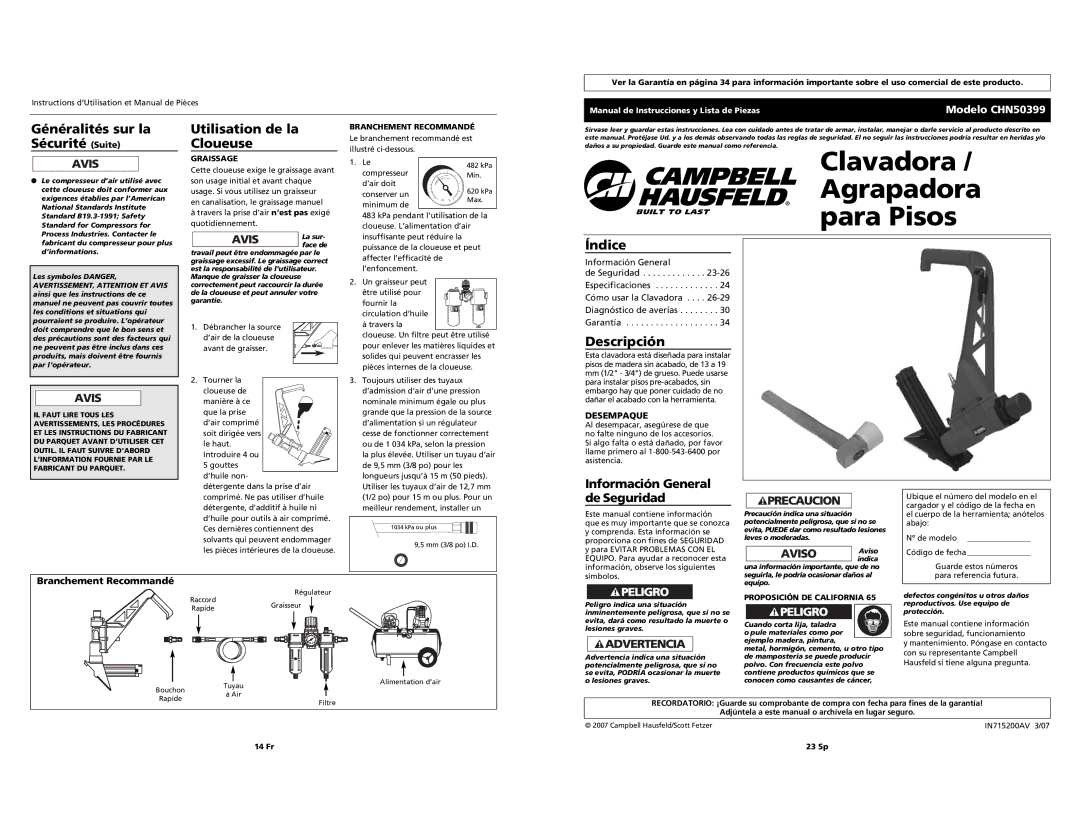 Campbell Hausfeld CHN50399 operating instructions Utilisation de la Cloueuse, Índice, Descripción, Branchement Recommandé 