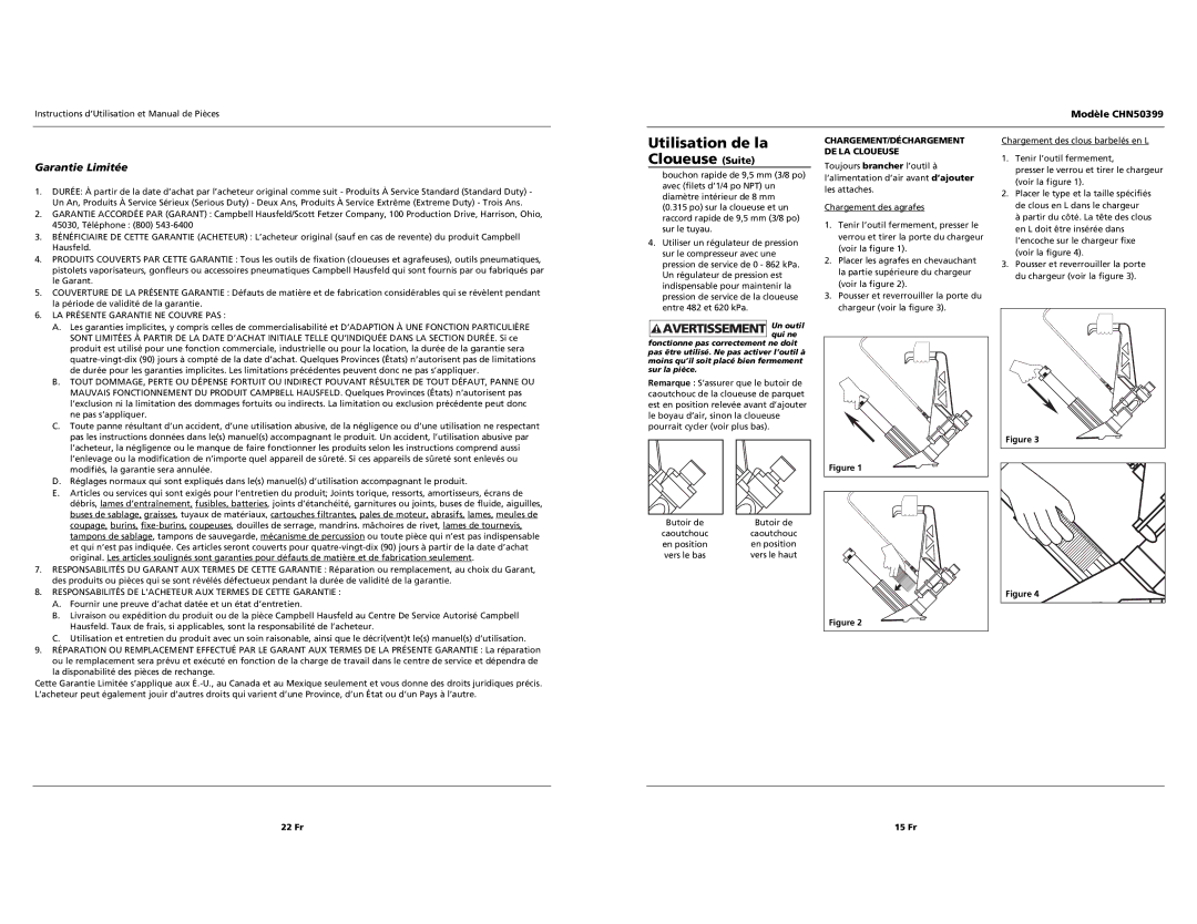 Campbell Hausfeld CHN50399 Utilisation de la, Cloueuse Suite, Chargement/Déchargement, DE LA Cloueuse 