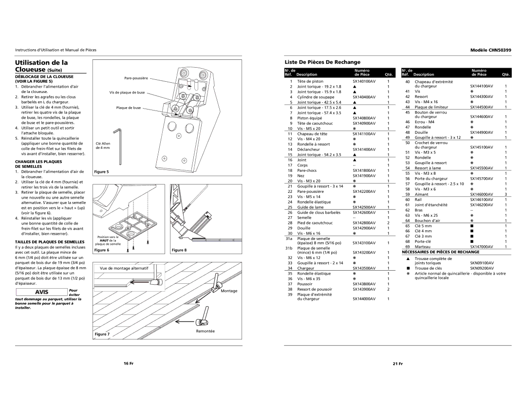 Campbell Hausfeld CHN50399 Utilisation de la Cloueuse Suite, Liste De Pièces De Rechange, Changer LES Plaques DE Semelles 