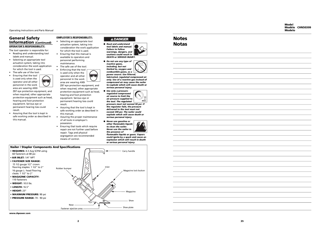 Campbell Hausfeld CHN50399 Nailer / Stapler Components And Specifications, OPERATOR’S Responsibility, Magazine Capacity 